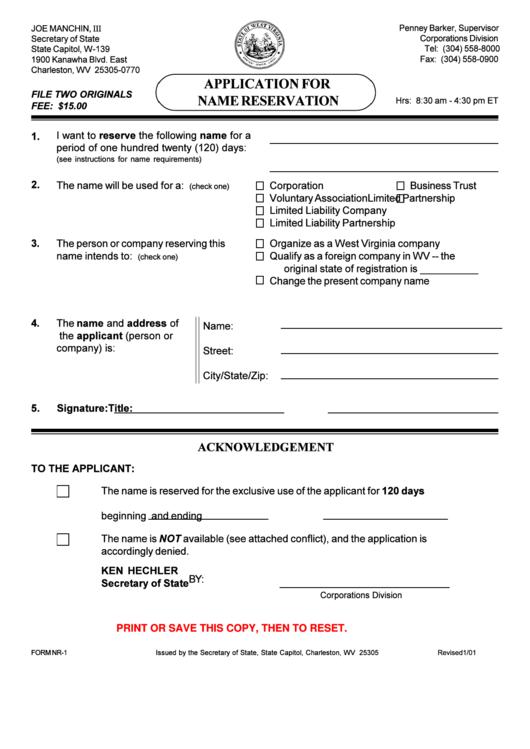 Form Nr-1 - Application For Name Reservation - 2001 Printable pdf