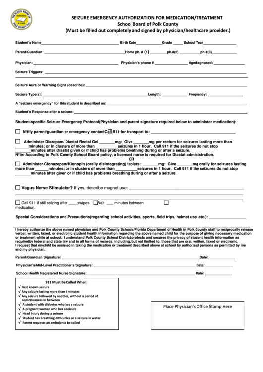 Seizure Emergency Authorization Form For Medication/treatment Printable pdf