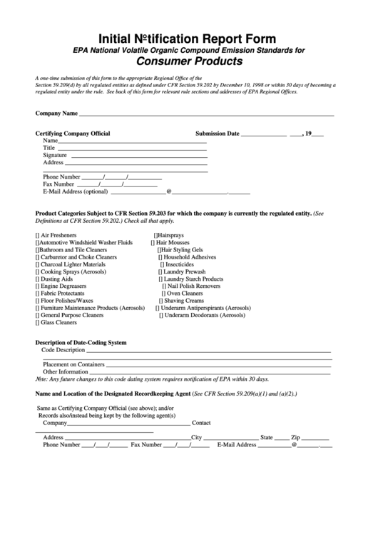 Initial Notification Report Form - Consumer Products Printable pdf