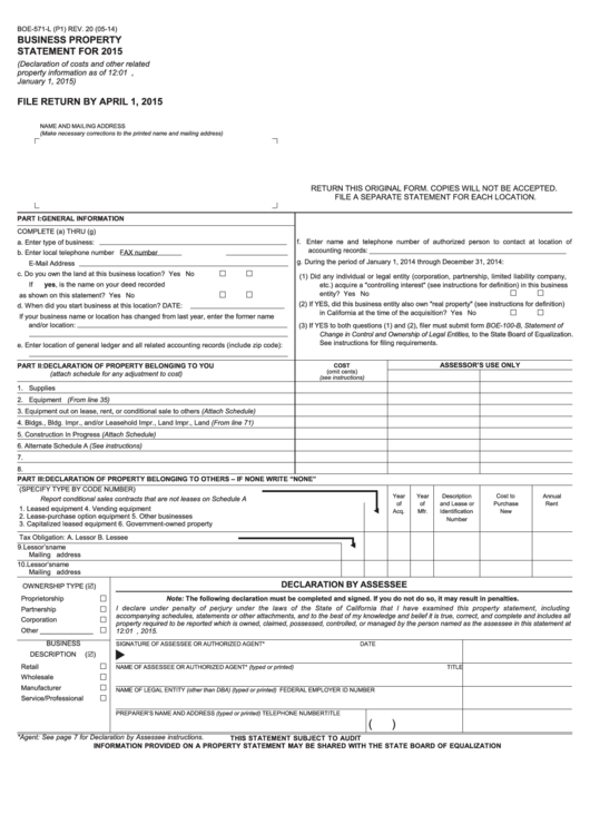 Fillable Form Boe-571-L - Business Propertystatement For 2015 Printable pdf