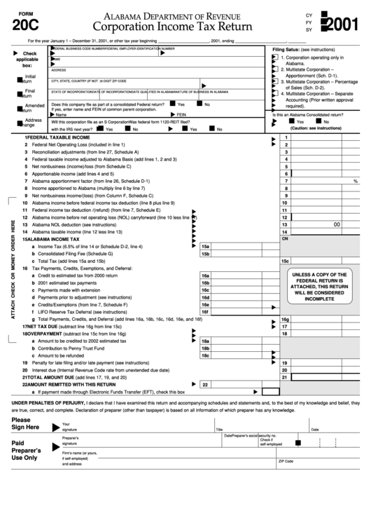 Form 20c - Corporation Income Tax Return - 2001 Printable pdf