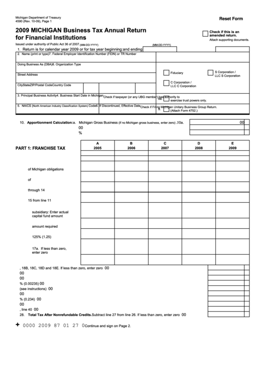 Fillable Form 4590 - Business Tax Annual Return For Financial Institutions - 2009 Printable pdf