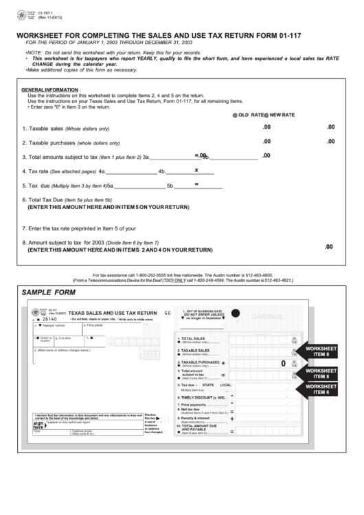 Sample Form - Worksheet For Completing The Sales And Use Tax Return Form 01-117 Printable pdf