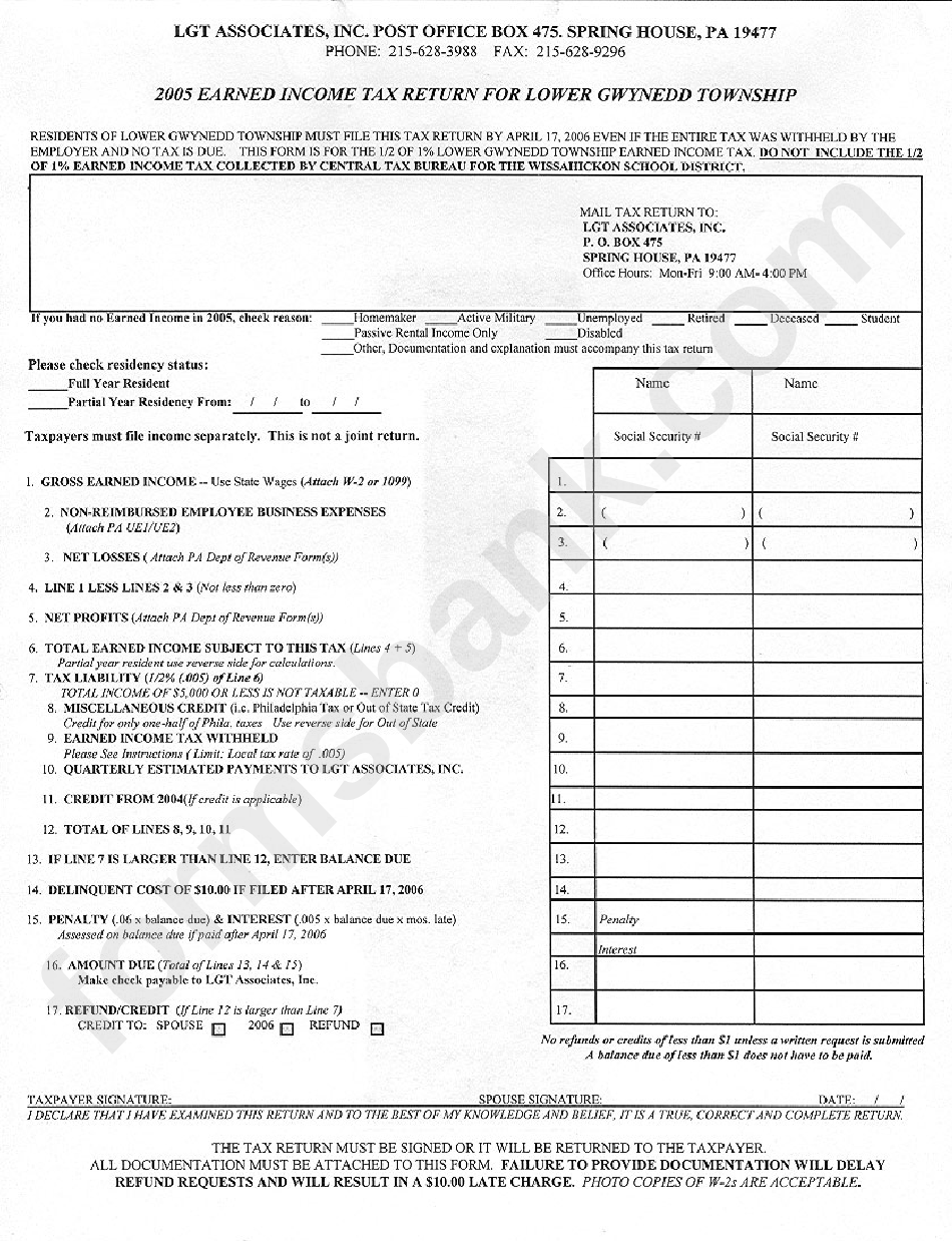 Earned Income Tax Return Form - Lower Gwynedd Township 2005