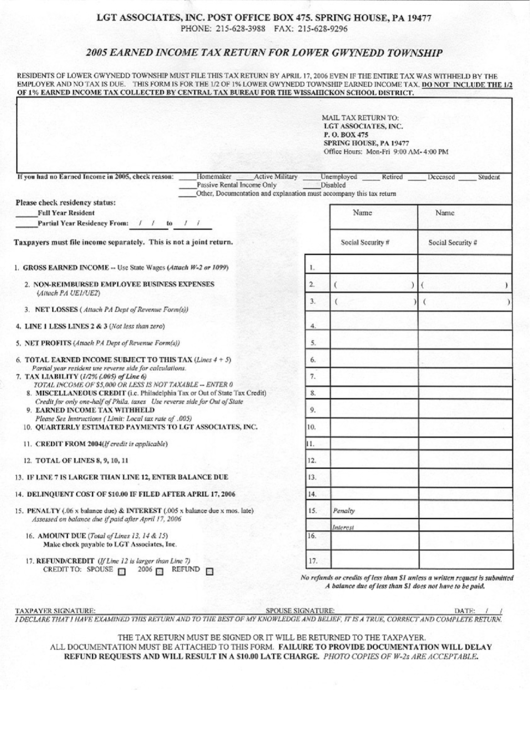 Earned Income Tax Return Form - Lower Gwynedd Township 2005 Printable pdf