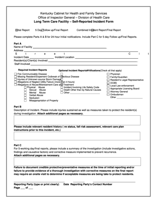 Fillable Long Term Care Facility - Self-Reported Incident Form Printable pdf