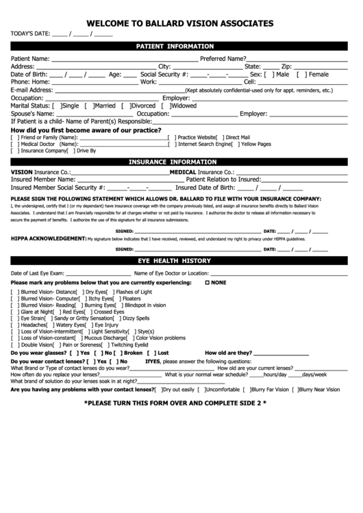 Patient Information Form - Ballard Vision Associates Printable pdf