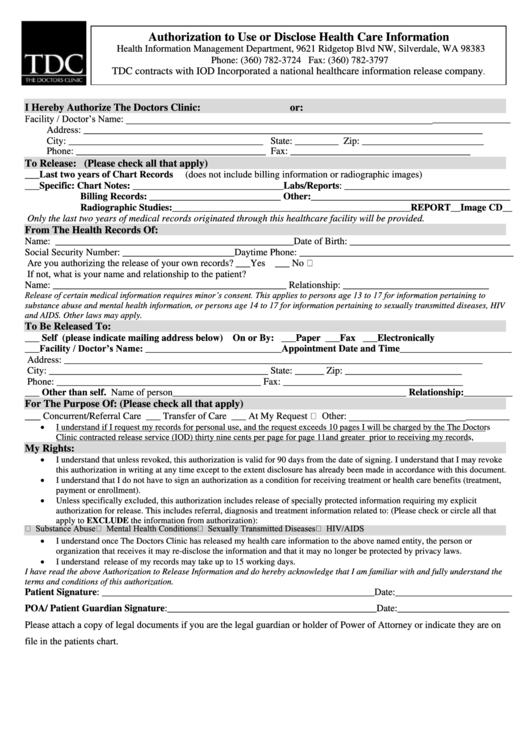 Authorization To Use Or Disclose Health Care Information Form - Washington Printable pdf