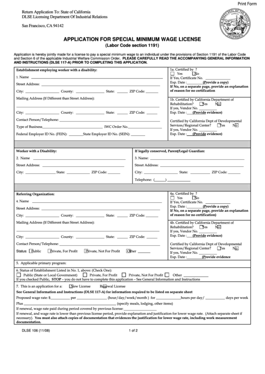 Fillable Form Dlse 106 - Application For Special Minimum Wage License (Labor Code Section 1191) Printable pdf