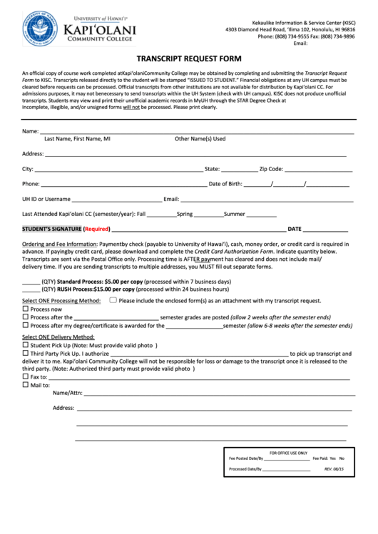 Fillable Transcript Request Form - Kapiolani Community College Printable pdf