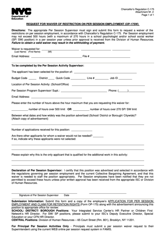 Form Op 175w - Request For Waiver Of Restriction On Per Session Employment - Nyc Department Of Education - New York Printable pdf