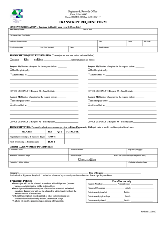 Fillable Transcript Request Form - Palau Community College Printable pdf