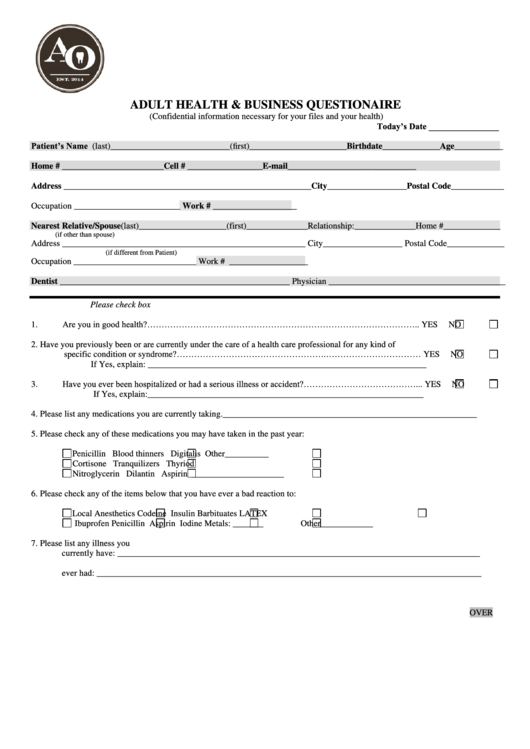 Adult Health & Business Questionaire Form - Alberta - Canada Printable pdf