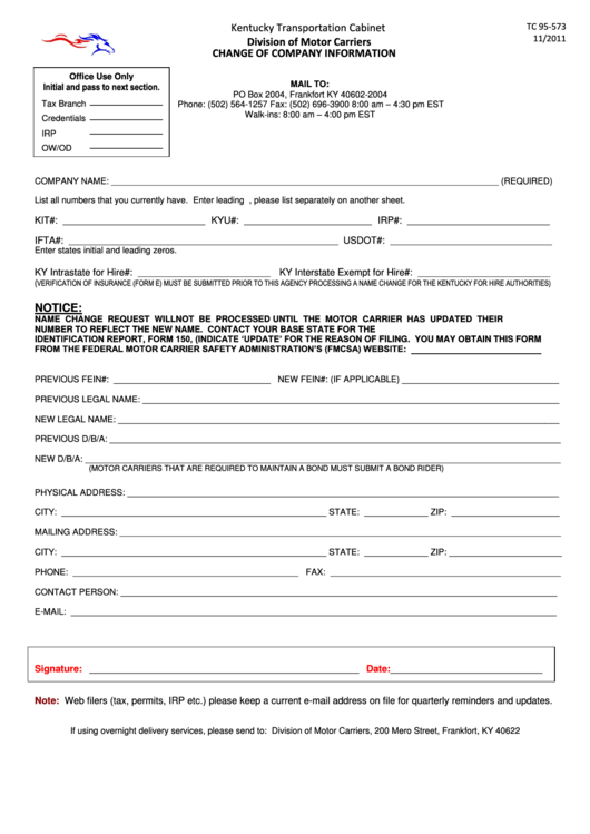 Change Of Company Information Form - Kentucky Transportation Cabinet Printable pdf
