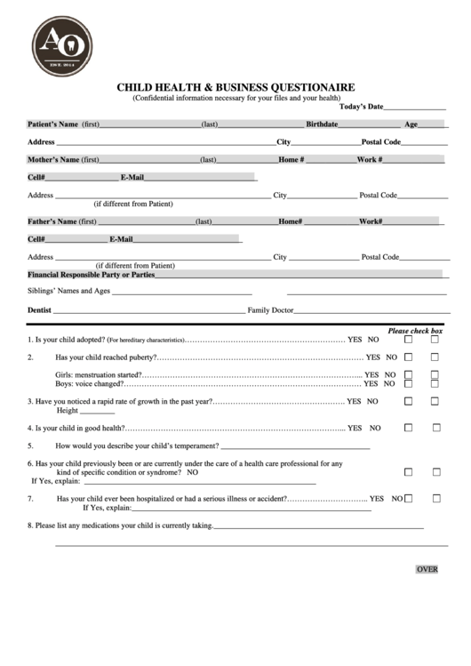 Child Health & Business Questionaire Form - Alberta - Canada Printable pdf