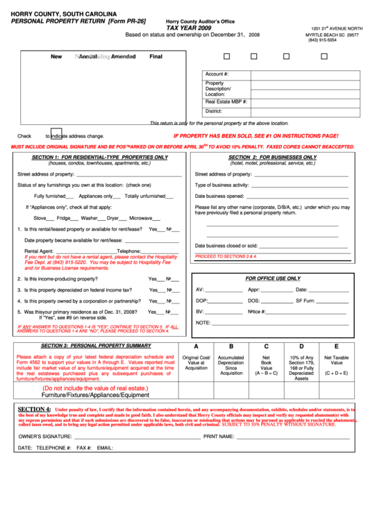 Form Pr-26 - Personal Property Return - 2009 Printable pdf