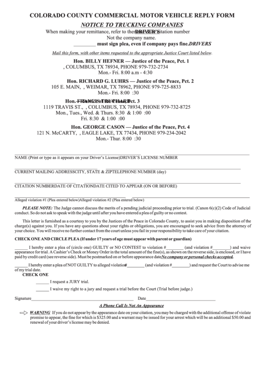 Colorado County Commercial Motor Vehicle Reply Form Printable pdf
