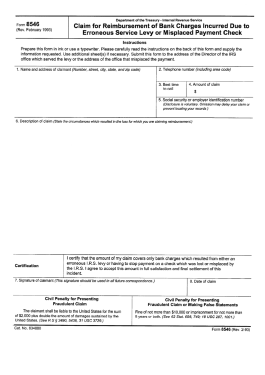 Form 8546 - Claim For Reimbursement Of Bank Charges Incurred Due To Erroneous Service Levy Or Misplaced Payment Check - 1993 Printable pdf
