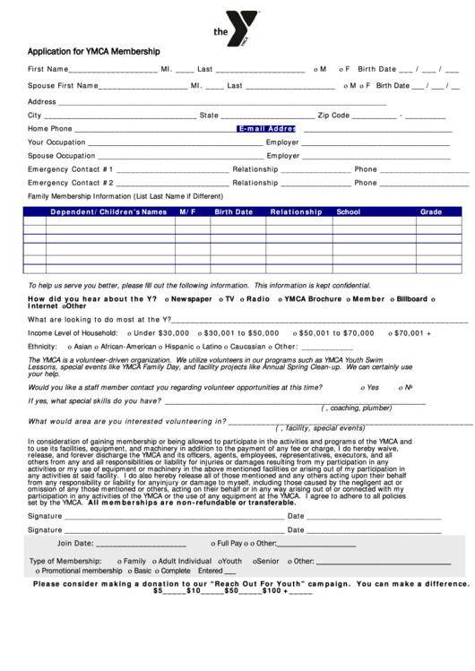 Application For Ymca Membership Form Printable pdf