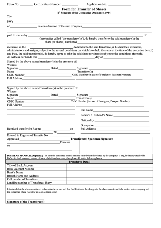 Form For Transfer Of Shares Printable pdf