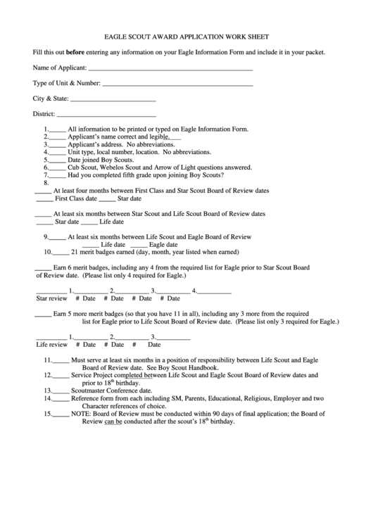Fillable Eagle Scout Award Application Work Sheet Printable pdf