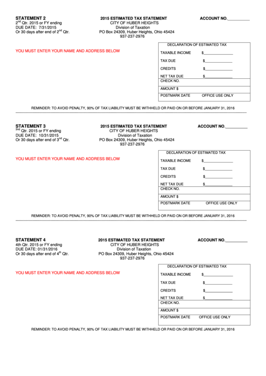 2015 Estimated Tax Statement Form Printable pdf