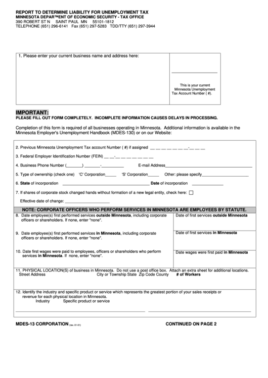 Form Mdes-13 - Report To Determine Liability For Unemployment Tax - Corporation - 2001 Printable pdf