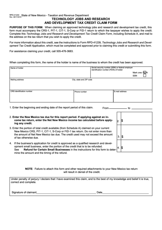 Form Rpd-41244 - Technology Jobs And Research And Development Tax Credit Claim Form - 2015 Printable pdf