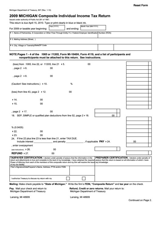 Fillable Form 807 - Michigan Composite Individual Income Tax Return - 2009 Printable pdf