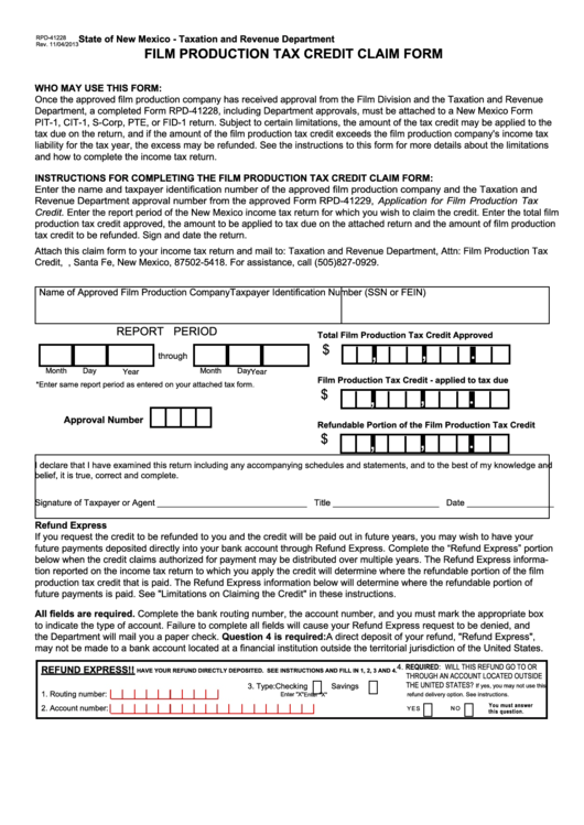 Form Rpd-41228 - Film Production Tax Credit Claim Form - 2013 Printable pdf