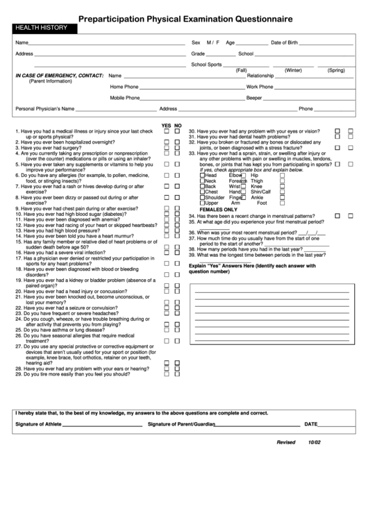 Preparticipation Physical Examination Questionnaire Form Printable pdf