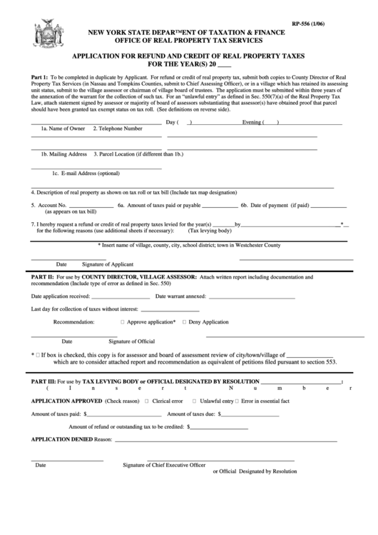 Form Rp-556 - Application For Refund And Credit Of Real Property Taxes - 2006 Printable pdf