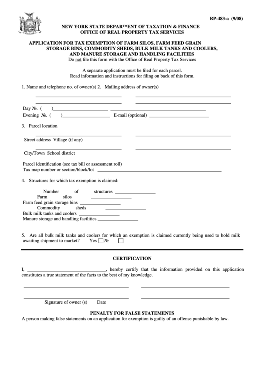 Form Rp-483-A - Application For Tax Exemption Of Farm Silos, Farm Feed Grain Storage Bins, Commodity Sheds, Bulk Milk Tanks And Coolers, And Manure Storage And Handling Facilities Printable pdf