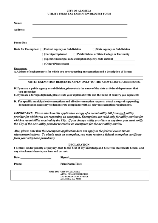 Utility Users Tax Exemption Request Form Printable pdf