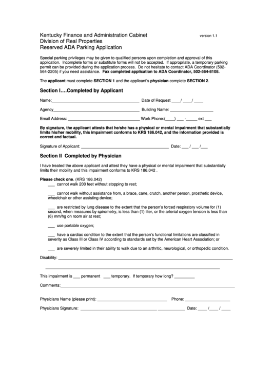 Reserved Ada Parking Application Form Printable pdf