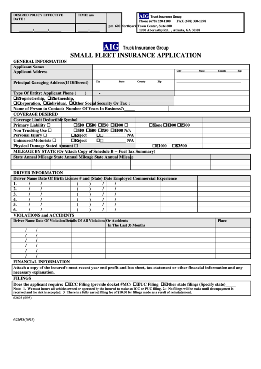 Form 62695 - Vehicle Insurance Application Form - Small Fleet Insurance Application