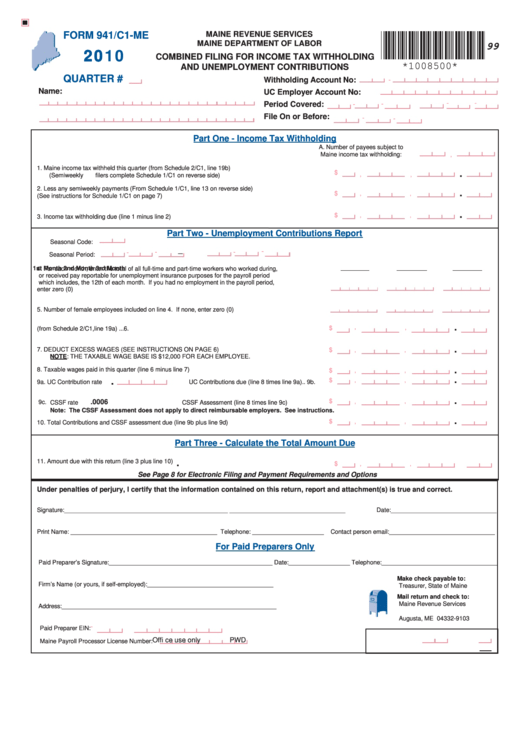 Form 941/c1-Me - Combined Filing For Income Tax Withholding And Unemployment Contributions - 2010 Printable pdf