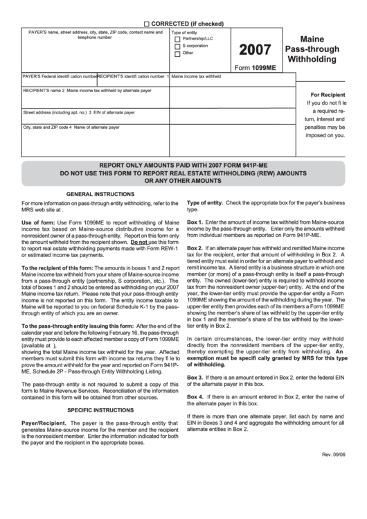 Form 1099me - Maine Pass-Through Withholding - 2007 printable pdf download