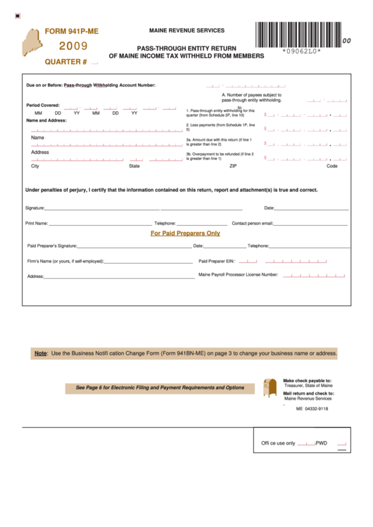 Form 941p-Me - Pass-Through Entity Return Of Maine Income Tax Withheld From Members - 2009 Printable pdf