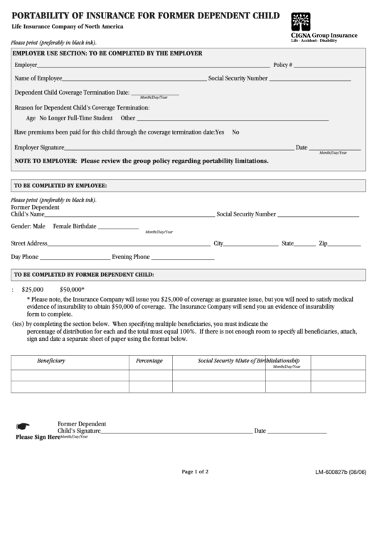 Fillable Portability Of Insurance Form For Former Dependent Child Printable pdf