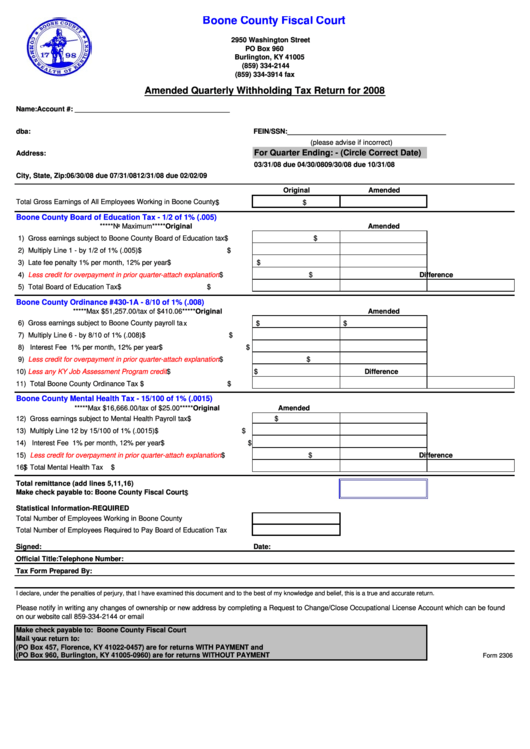 Form 2306 - Amended Quarterly Withholding Tax Return - 2008 Printable pdf