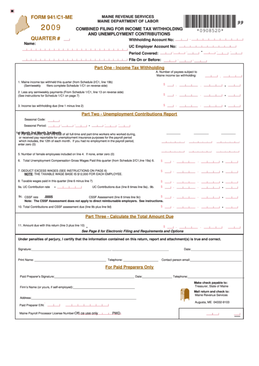 Form 941/c1-Me - Combined Filing For Income Tax Withholding And Unemployment Contributions - 2009 Printable pdf