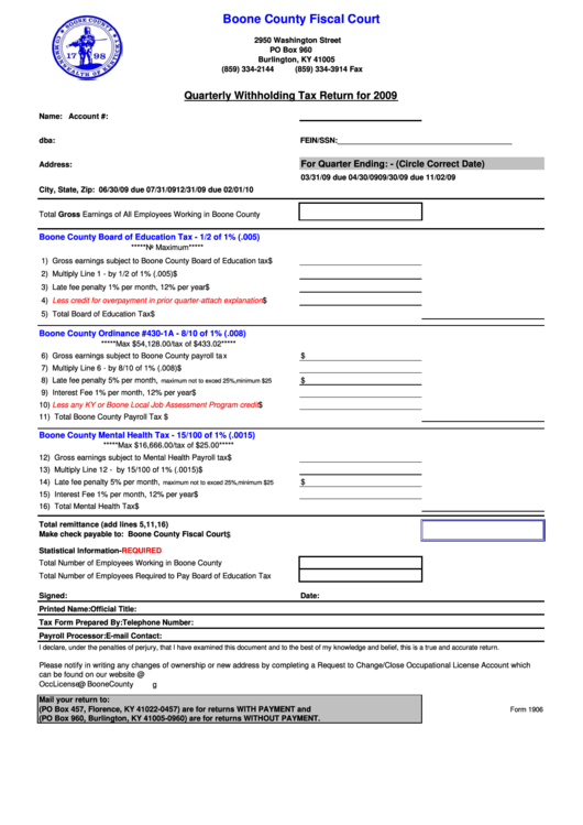 Form 1906 - Quarterly Withholding Tax Return - 2009 Printable pdf