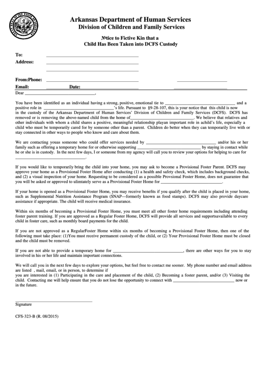 Fillable Form Cfs-323-B - Notice To Fictive Kin That A Child Has Been Taken Into Dcfs Custody Printable pdf