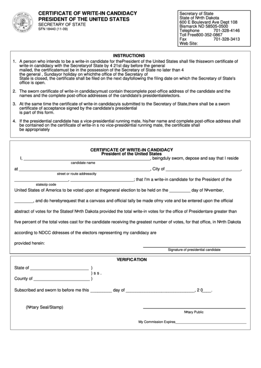 Fillable Form Sfn 18440 - Certificate Of Write-In Candidacy President Of The United States Printable pdf