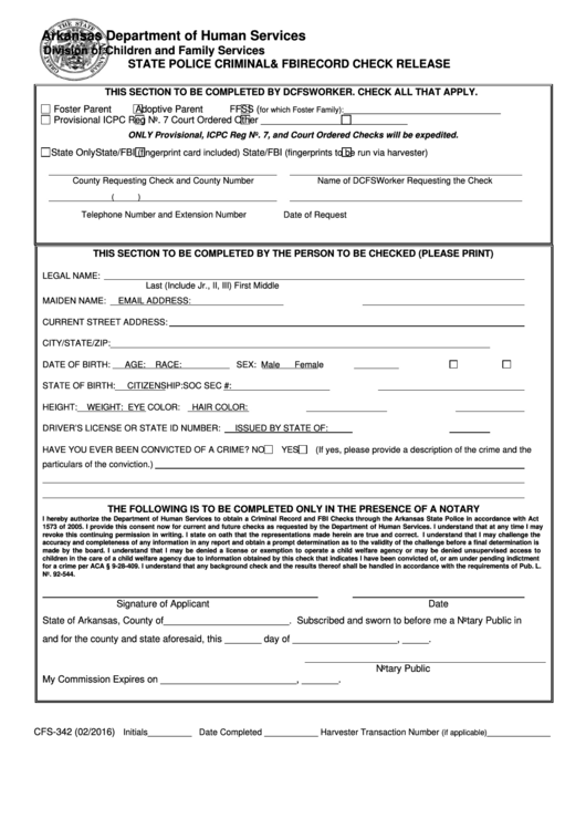 Fillable Form Cfs-342 - State Police Criminal & Fbi Record Check Release Printable pdf