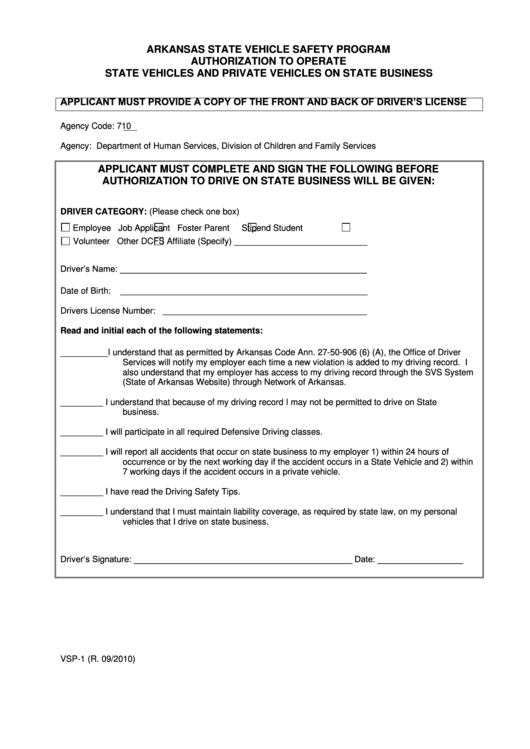Fillable Form Vsp-1 - Authorization To Operate State Vehicles And Private Vehicles On State Business Printable pdf