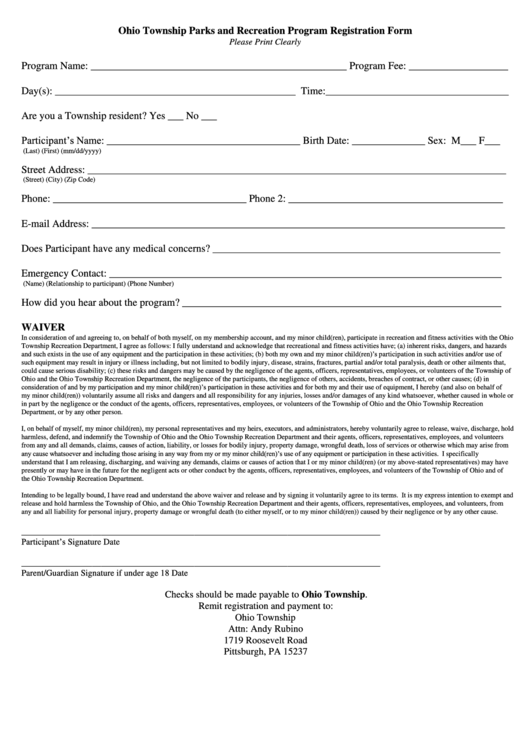 Ohio Township Parks And Recreation Program Registration Form Printable pdf