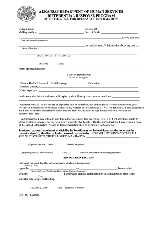Fillable Form Cfs-100 - Differential Response Program - Authorization For Release Of Information Printable pdf