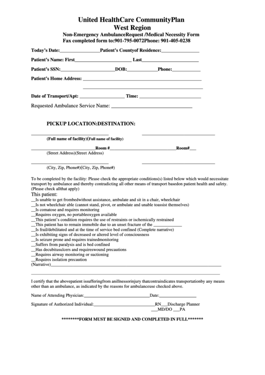 Non-Emergency Ambulance Request / Medical Necessity Form Printable pdf